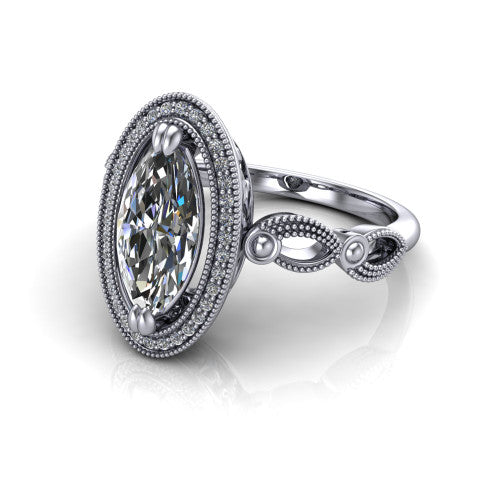 Phoenix marquise-cut vintage halo engagement ring in 18K White Gold, three-quarter perspective showing the marquise-cut center diamond, vintage cushion halo, and infinity-twist band