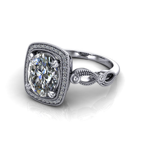 Phoenix oval vintage halo engagement ring in 18K White Gold, three-quarter perspective showing the oval center diamond, vintage cushion halo, and infinity-twist band