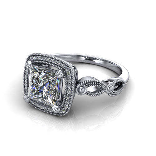 Phoenix princess-cut vintage halo engagement ring in 14K White Gold, three-quarter perspective showing the princess-cut center diamond, vintage cushion halo, and infinity-twist band