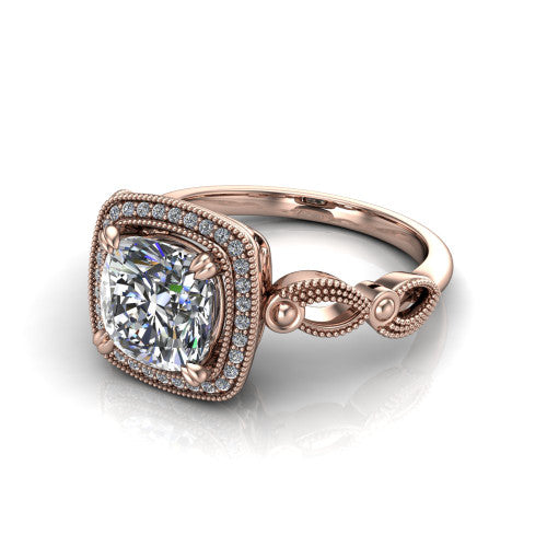 Phoenix cushion-cut vintage halo engagement ring in 18K Rose Gold, three-quarter perspective showing the cushion-cut center diamond, vintage cushion halo, and infinity-twist band
