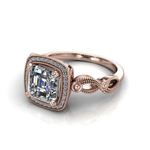 Phoenix square emerald-cut vintage halo engagement ring in 14K Rose Gold, three-quarter perspective showing the square emerald-cut center diamond, vintage cushion halo, and infinity-twist band