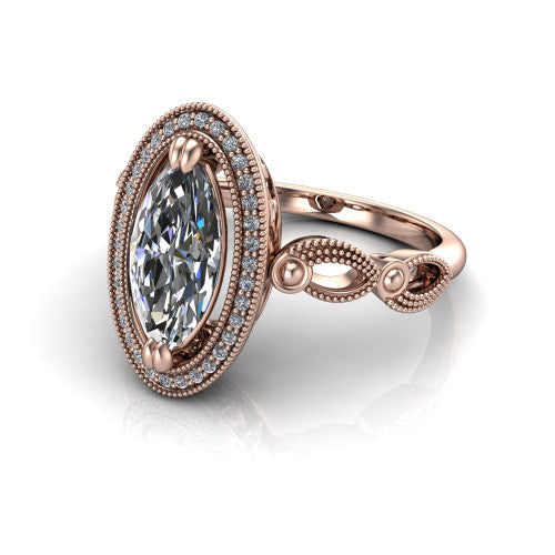 Phoenix marquise-cut vintage halo engagement ring in 14K Rose Gold, three-quarter perspective showing the marquise-cut center diamond, vintage cushion halo, and infinity-twist band