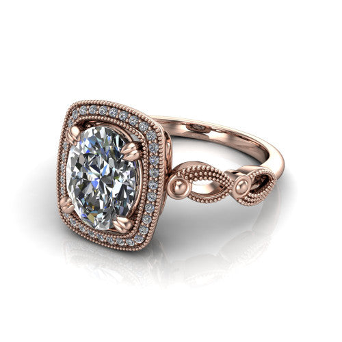 Phoenix oval vintage halo engagement ring in 18K Rose Gold, three-quarter perspective showing the oval center diamond, vintage cushion halo, and infinity-twist band