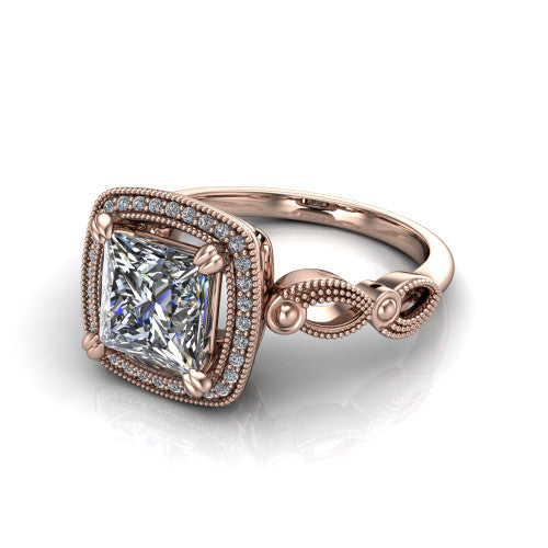 Phoenix princess-cut vintage halo engagement ring in 14K Rose Gold, three-quarter perspective showing the princess-cut center diamond, vintage cushion halo, and infinity-twist band