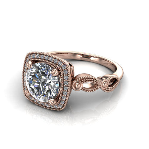 Phoenix round vintage halo engagement ring in 14K Rose Gold, three-quarter perspective showing the round center diamond, vintage cushion halo, and infinity-twist band