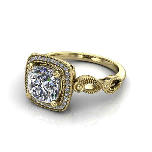 Phoenix cushion-cut vintage halo engagement ring in 14K Yellow Gold, three-quarter perspective showing the cushion-cut center diamond, vintage cushion halo, and infinity-twist band