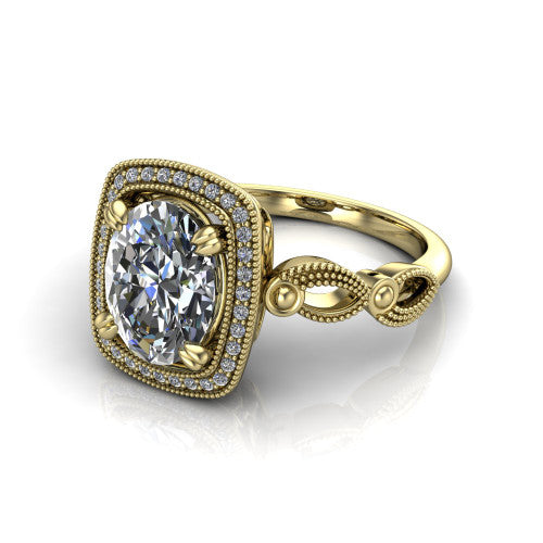 Phoenix oval vintage halo engagement ring in 14K Yellow Gold, three-quarter perspective showing the oval center diamond, vintage cushion halo, and infinity-twist band