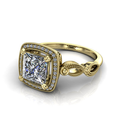 Phoenix princess-cut vintage halo engagement ring in 18K Yellow Gold, three-quarter perspective showing the princess-cut center diamond, vintage cushion halo, and infinity-twist band