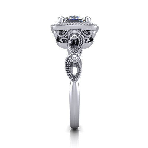 Phoenix cushion-cut vintage halo engagement ring in Platinum, side profile showing the infinity-twist band with bezel-set accent diamonds