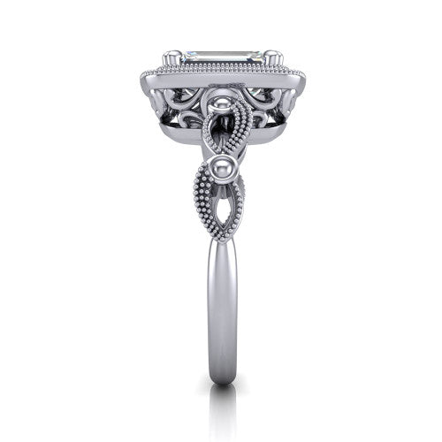 Phoenix emerald-cut vintage halo engagement ring in 18K White Gold, side profile showing the infinity-twist band with bezel-set accent diamonds