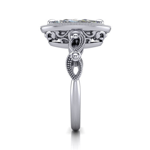 Phoenix marquise-cut vintage halo engagement ring in 14K White Gold, side profile showing the infinity-twist band with bezel-set accent diamonds