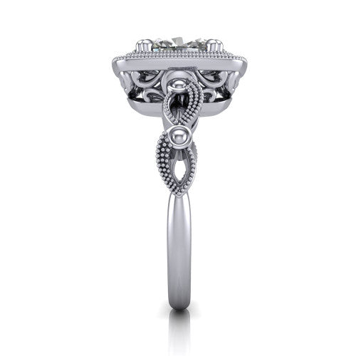 Phoenix oval vintage halo engagement ring in 14K White Gold, side profile showing the infinity-twist band with bezel-set accent diamonds