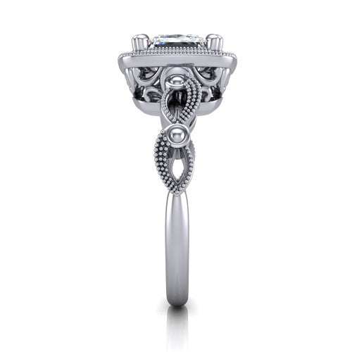Phoenix princess-cut vintage halo engagement ring in Platinum, side profile showing the infinity-twist band with bezel-set accent diamonds