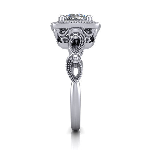 Phoenix round vintage halo engagement ring in Platinum, side profile showing the infinity-twist band with bezel-set accent diamonds