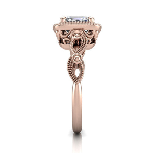Phoenix square emerald-cut vintage halo engagement ring in 14K Rose Gold, side profile showing the infinity-twist band with bezel-set accent diamonds