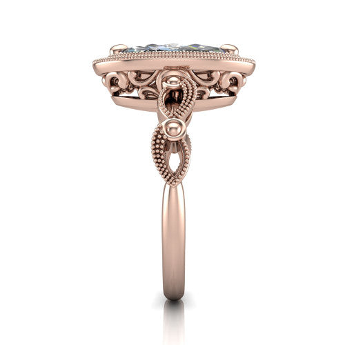 Phoenix marquise-cut vintage halo engagement ring in 14K Rose Gold, side profile showing the infinity-twist band with bezel-set accent diamonds
