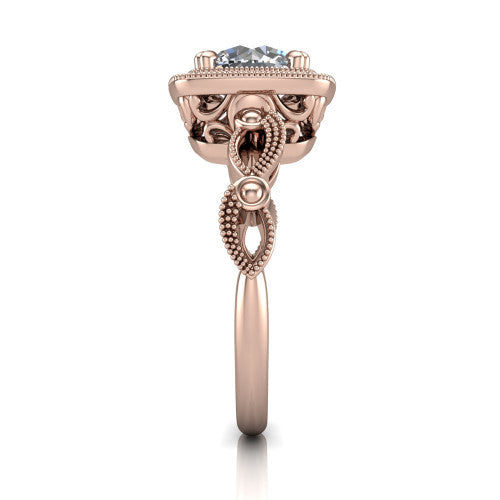 Phoenix round vintage halo engagement ring in 18K Rose Gold, side profile showing the infinity-twist band with bezel-set accent diamonds