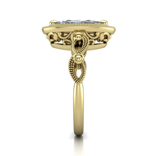 Phoenix marquise-cut vintage halo engagement ring in 14K Yellow Gold, side profile showing the infinity-twist band with bezel-set accent diamonds