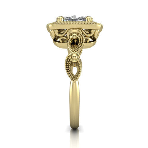 Phoenix oval vintage halo engagement ring in 14K Yellow Gold, side profile showing the infinity-twist band with bezel-set accent diamonds