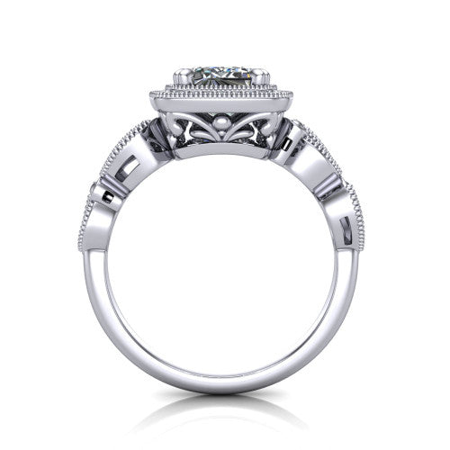 Phoenix emerald-cut vintage halo engagement ring in 18K White Gold, through-finger front profile showing the ornate filigree gallery beneath the halo