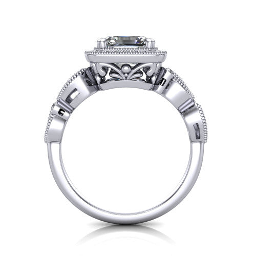 Phoenix square emerald-cut vintage halo engagement ring in 14K White Gold, through-finger front profile showing the ornate filigree gallery beneath the halo