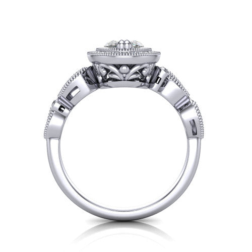 Phoenix marquise-cut vintage halo engagement ring in 18K White Gold, through-finger front profile showing the ornate filigree gallery beneath the halo