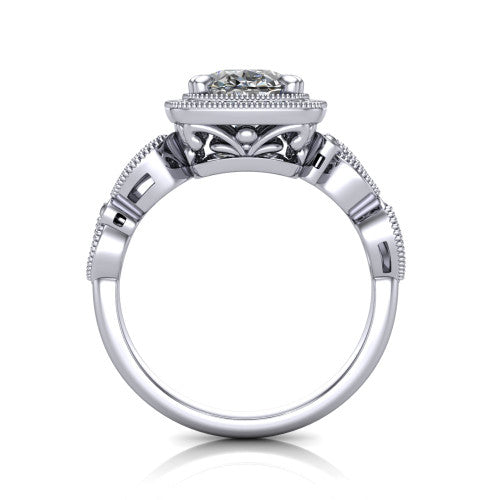 Phoenix oval vintage halo engagement ring in Platinum, through-finger front profile showing the ornate filigree gallery beneath the halo