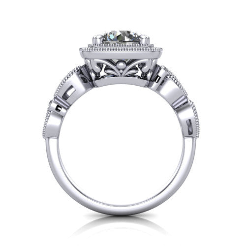 Phoenix round vintage halo engagement ring in Platinum, through-finger front profile showing the ornate filigree gallery beneath the halo