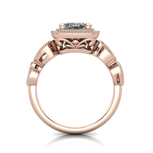 Phoenix emerald-cut vintage halo engagement ring in 18K Rose Gold, through-finger front profile showing the ornate filigree gallery beneath the halo