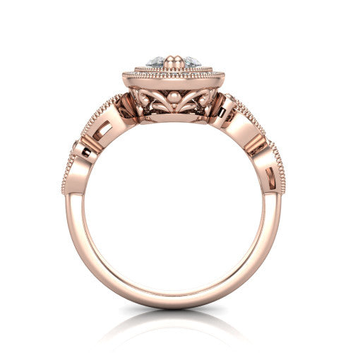 Phoenix marquise-cut vintage halo engagement ring in 14K Rose Gold, through-finger front profile showing the ornate filigree gallery beneath the halo