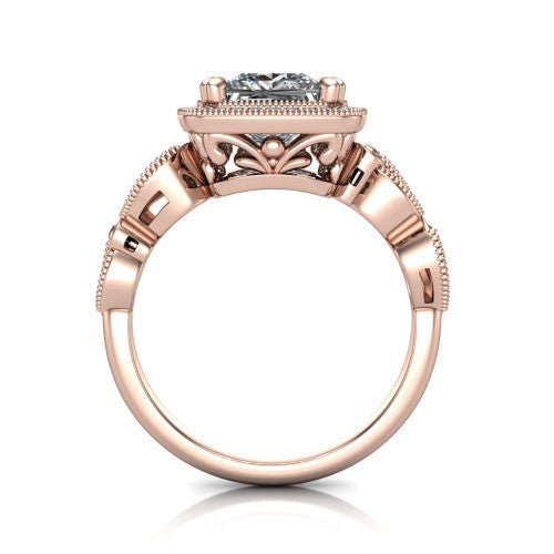 Phoenix princess-cut vintage halo engagement ring in 18K Rose Gold, through-finger front profile showing the ornate filigree gallery beneath the halo