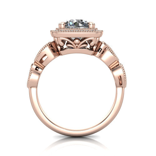 Phoenix round vintage halo engagement ring in 18K Rose Gold, through-finger front profile showing the ornate filigree gallery beneath the halo