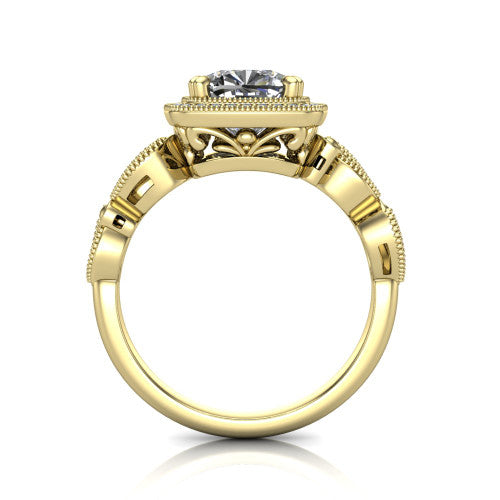 Phoenix cushion-cut vintage halo engagement ring in 14K Yellow Gold, through-finger front profile showing the ornate filigree gallery beneath the halo