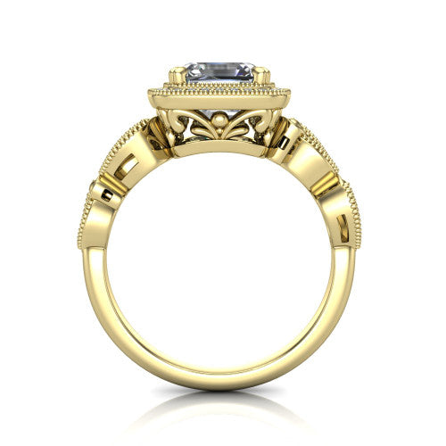 Phoenix square emerald-cut vintage halo engagement ring in 14K Yellow Gold, through-finger front profile showing the ornate filigree gallery beneath the halo