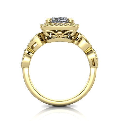 Phoenix oval vintage halo engagement ring in 14K Yellow Gold, through-finger front profile showing the ornate filigree gallery beneath the halo