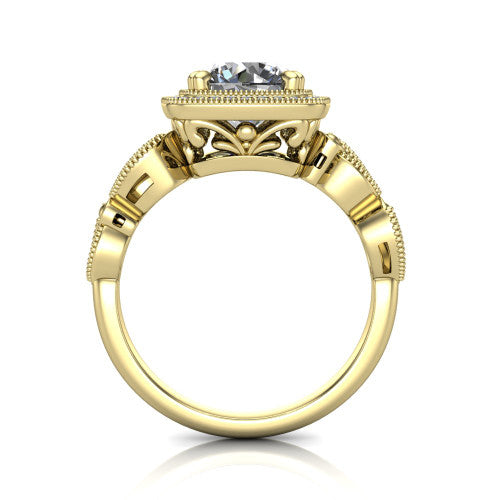 Phoenix round vintage halo engagement ring in 14K Yellow Gold, through-finger front profile showing the ornate filigree gallery beneath the halo