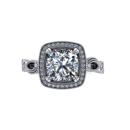Phoenix cushion-cut vintage halo engagement ring in 14K White Gold, top-down view showing the cushion-cut center diamond framed by the milgrain cushion halo
