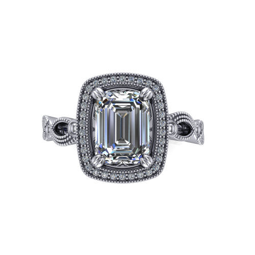 Phoenix emerald-cut vintage halo engagement ring in 18K White Gold, top-down view showing the emerald-cut center diamond framed by the milgrain cushion halo