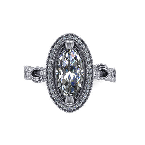 Phoenix marquise-cut vintage halo engagement ring in 14K White Gold, top-down view showing the marquise-cut center diamond framed by the milgrain cushion halo