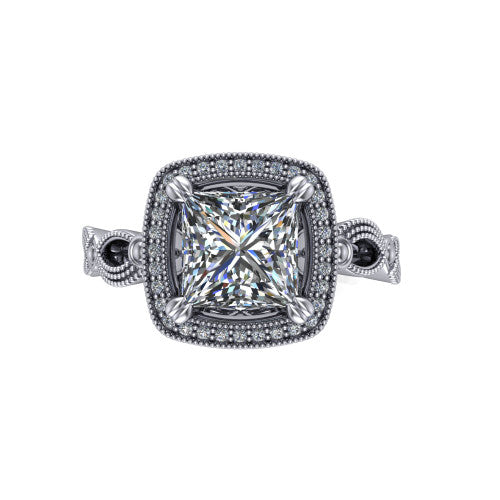 Phoenix princess-cut vintage halo engagement ring in Platinum, top-down view showing the princess-cut center diamond framed by the milgrain cushion halo