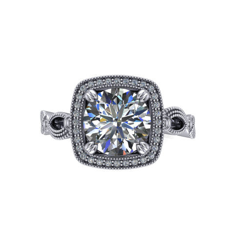 Phoenix round vintage halo engagement ring in 18K White Gold, top-down view showing the round center diamond framed by the milgrain cushion halo