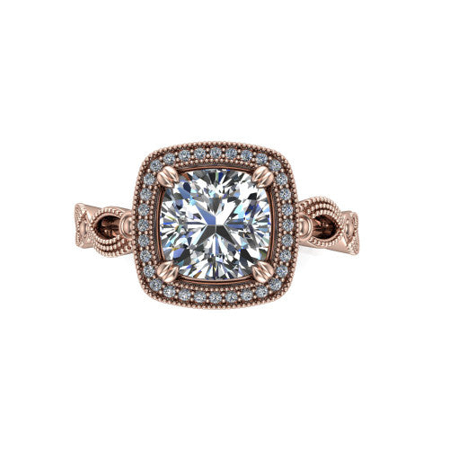 Phoenix cushion-cut vintage halo engagement ring in 14K Rose Gold, top-down view showing the cushion-cut center diamond framed by the milgrain cushion halo