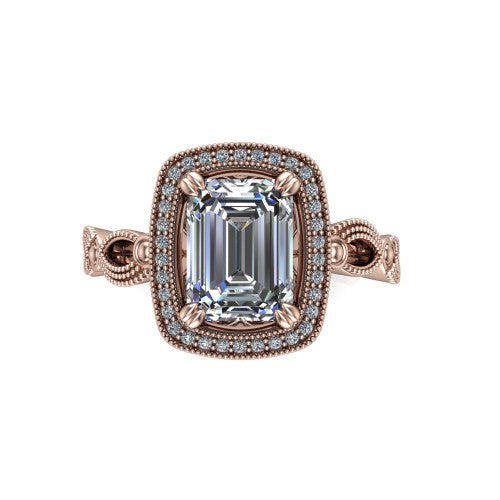 Phoenix emerald-cut vintage halo engagement ring in 14K Rose Gold, top-down view showing the emerald-cut center diamond framed by the milgrain cushion halo