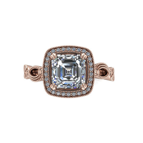Phoenix square emerald-cut vintage halo engagement ring in 18K Rose Gold, top-down view showing the square emerald-cut center diamond framed by the milgrain cushion halo