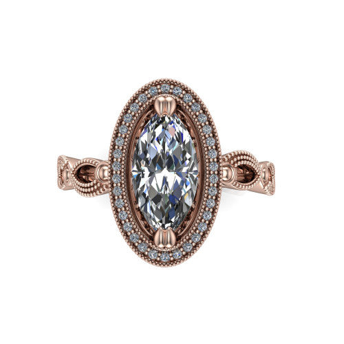 Phoenix marquise-cut vintage halo engagement ring in 18K Rose Gold, top-down view showing the marquise-cut center diamond framed by the milgrain cushion halo