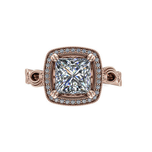Phoenix princess-cut vintage halo engagement ring in 18K Rose Gold, top-down view showing the princess-cut center diamond framed by the milgrain cushion halo