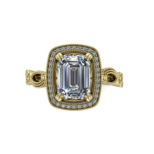 Phoenix emerald-cut vintage halo engagement ring in 18K Yellow Gold, top-down view showing the emerald-cut center diamond framed by the milgrain cushion halo