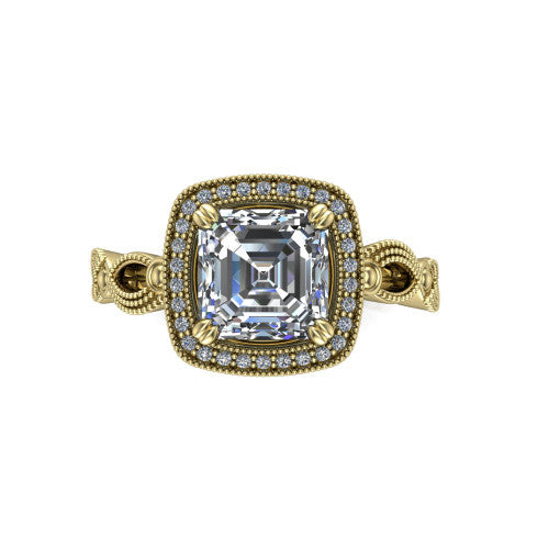 Phoenix square emerald-cut vintage halo engagement ring in 14K Yellow Gold, top-down view showing the square emerald-cut center diamond framed by the milgrain cushion halo