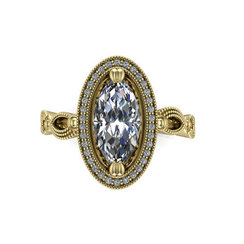 Phoenix marquise-cut vintage halo engagement ring in 14K Yellow Gold, top-down view showing the marquise-cut center diamond framed by the milgrain cushion halo