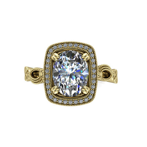 Phoenix oval vintage halo engagement ring in 14K Yellow Gold, top-down view showing the oval center diamond framed by the milgrain cushion halo
